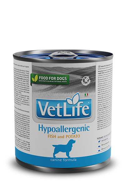 VetLife Hypoallergenic Fish and Potato wet dog food can for sensitive dogs