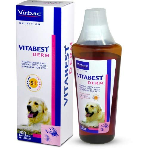 Virbac Vitabest Derm 250ml omega fatty acid supplement for skin and coat health in dogs and cats.