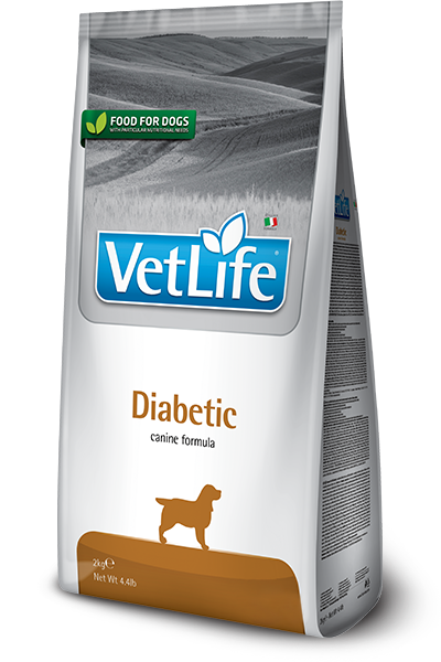 VetLife Diabetic dry dog food bag for diabetic adult dogs with glucose regulation and weight control benefits