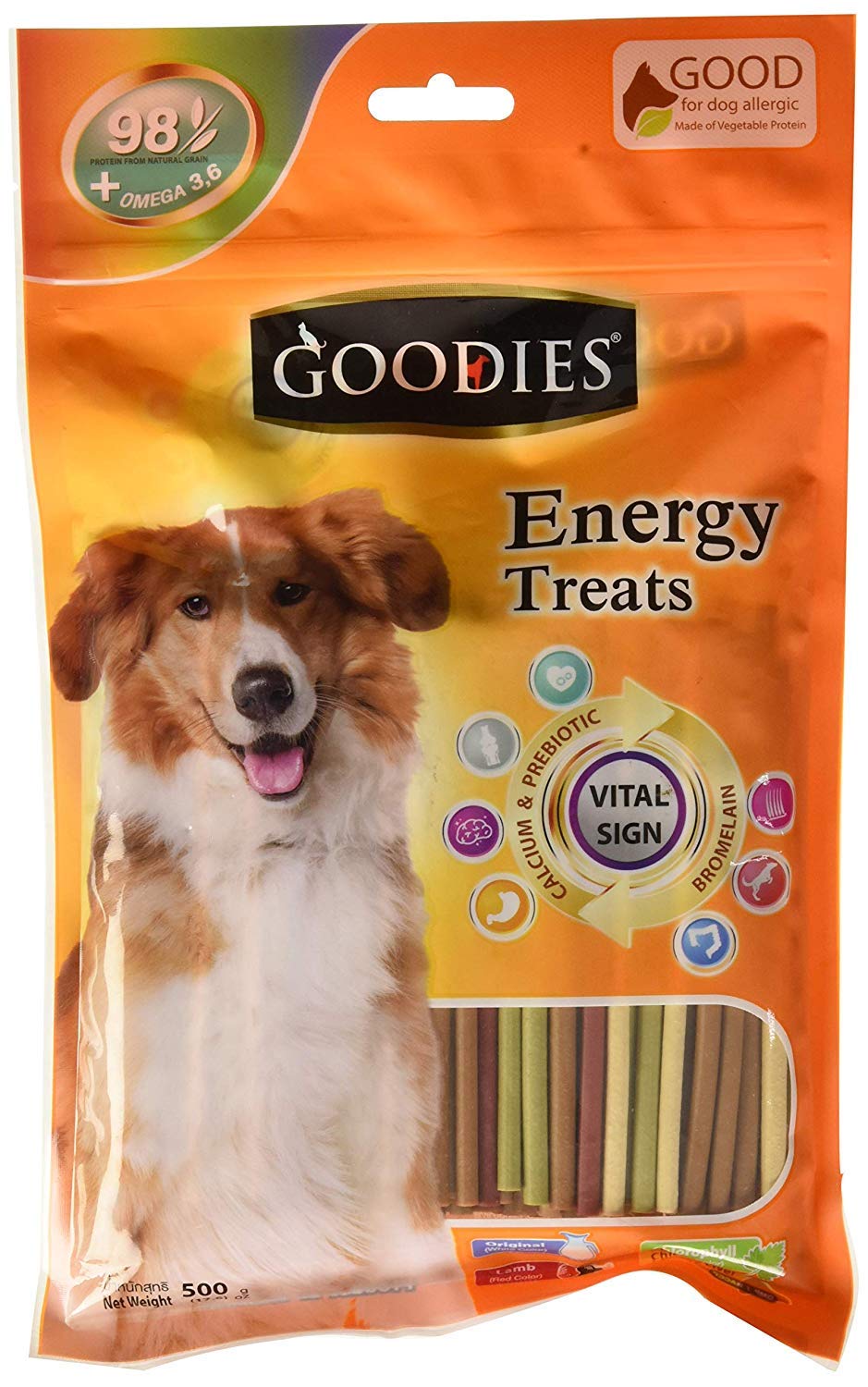 Goodies Energy Treat pack with bone-shaped vegetable protein dog treats for all breeds and ages, supporting oral health and made with high-quality ingredients.