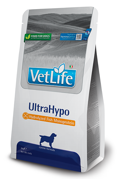 VetLife Ultrahypo Canine dry dog food with hydrolyzed fish protein for allergic and atopic dogs, available in 2kg and 12kg sizes.