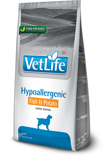 VetLife Hypoallergenic Fish & Potato dry dog food bag for sensitive canine diets