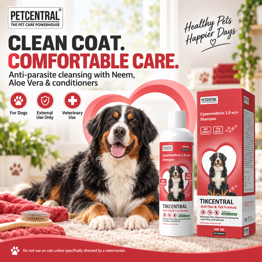 TICKCENTRAL Anti Flea & Tick Shampoo for Dogs | Cypermethrin 1% | With Neem (Nimba) & Aloe Vera | Veterinary Anti-Parasite Shampoo | 200ml / 500ml