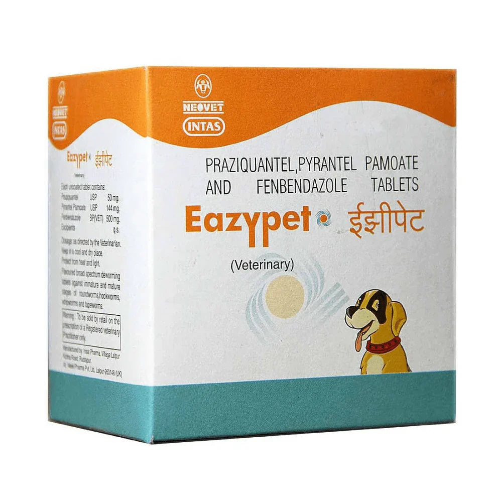 Eazypet veterinary deworming tablets box for dogs containing praziquantel, pyrantel pamoate, and fenbendazole.
