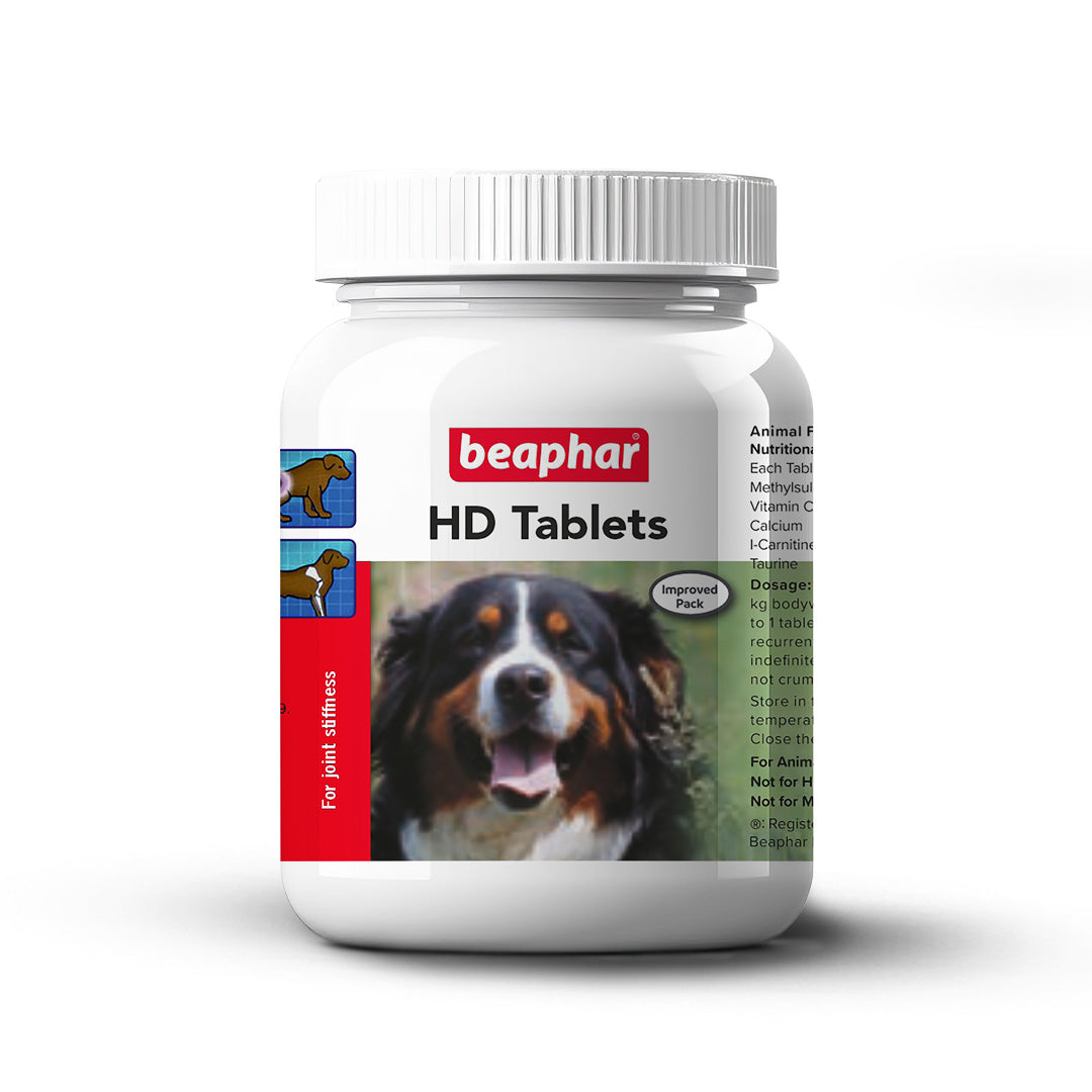 Beaphar HD Tablets container for dog joint and hip dysplasia support with dog image on label