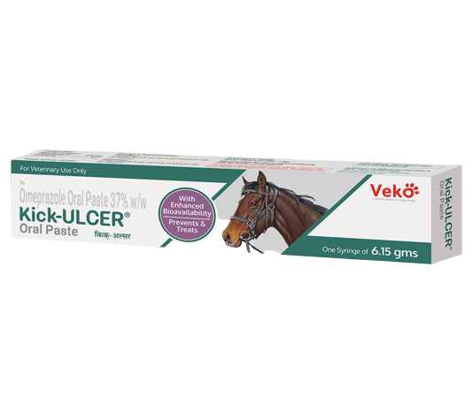 Kick Ulcer Omeprazole 37% oral paste for horses with gastric ulcers in 6.15g syringe packaging