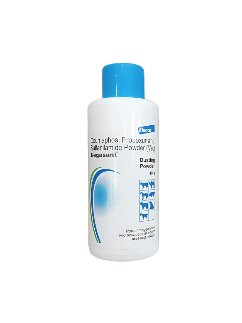Elanco Negasunt Dusting Powder 40g bottle for veterinary wound care, maggoticidal and fly repellent powder for animals.
