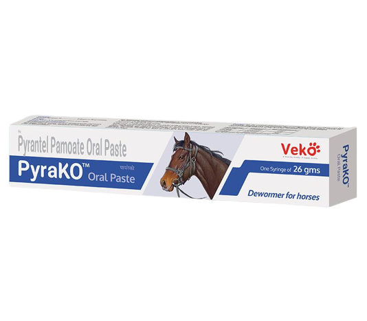 Veko PyraKO Paste equine dewormer 26g oral syringe with horse image on packaging