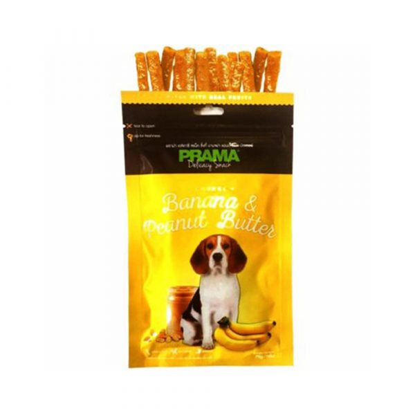 PRAMA Chunky Banana Peanut Butter dog treats 70g pack with dog image and banana illustration