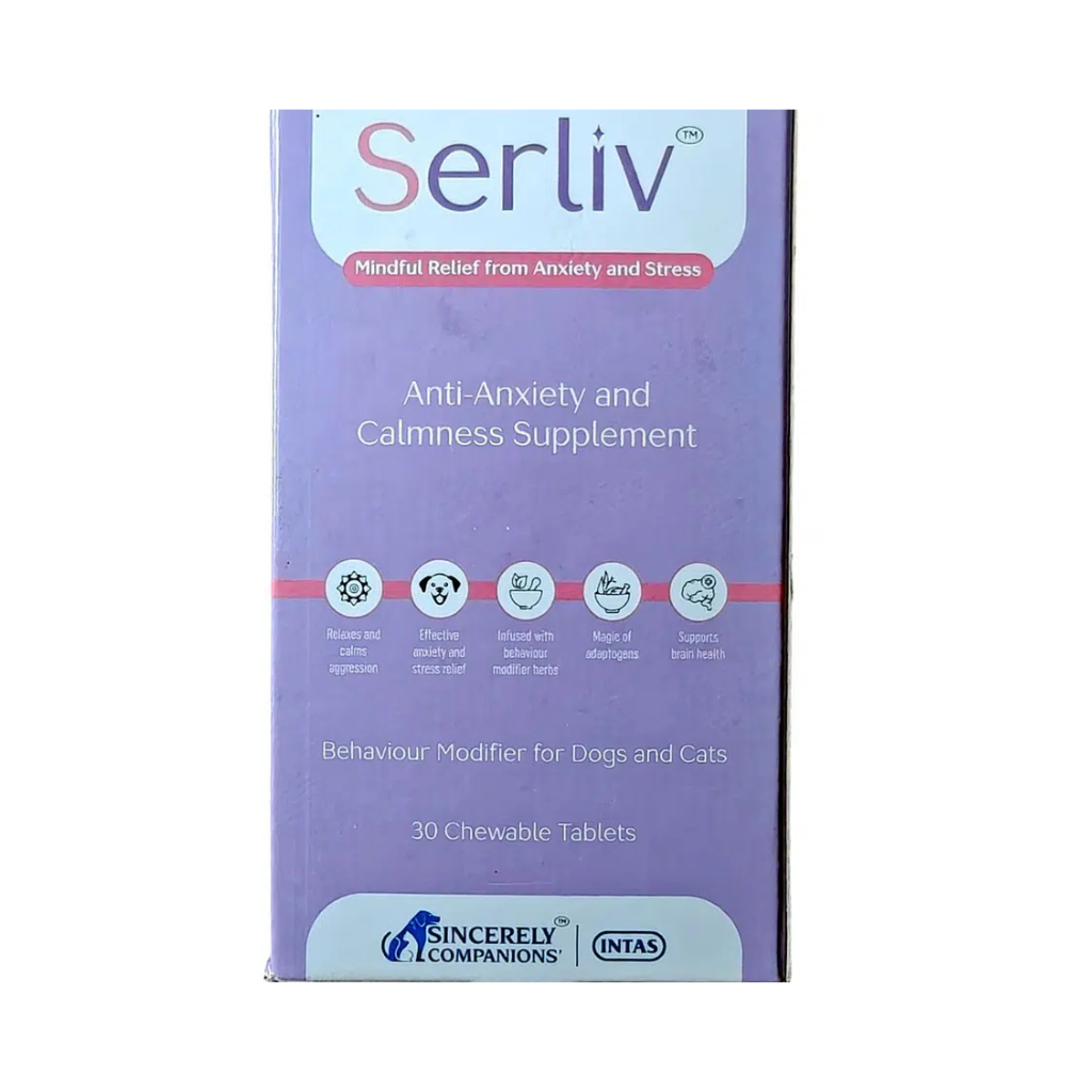 Intas Serliv Anti-Anxiety & Calming Chewable Tablets for Dogs & Cats - Herbal Stress & Restlessness Support