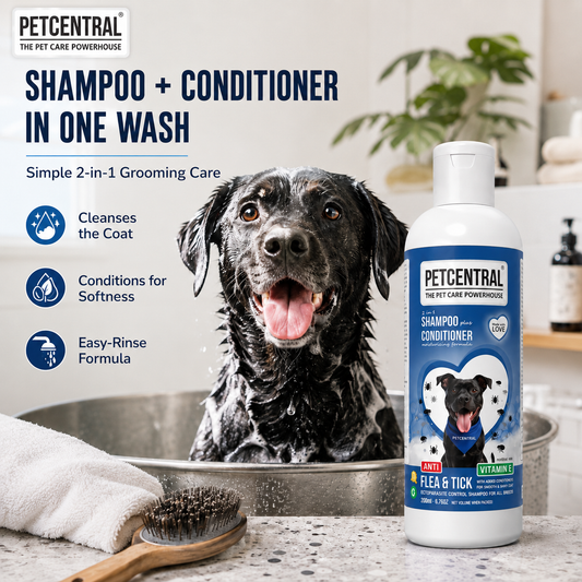 PETCENTRAL Natural Anti Flea & Tick 2-in-1 Pet Shampoo + Conditioner | Herbal Flea Tick Lice Control | Neem, Citronella, Eucalyptus & Aloe Vera | For Dogs & Cats