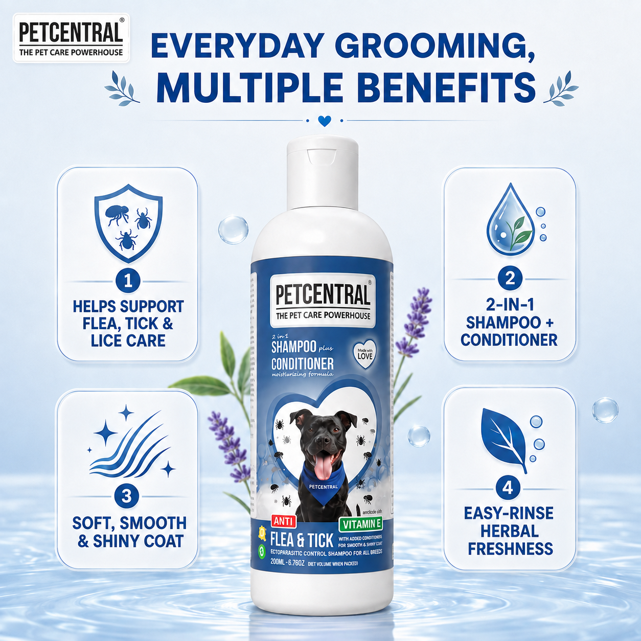 PETCENTRAL Natural Anti Flea & Tick 2-in-1 Pet Shampoo + Conditioner | Herbal Flea Tick Lice Control | Neem, Citronella, Eucalyptus & Aloe Vera | For Dogs & Cats