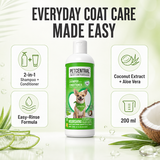 PETCENTRAL 2-in-1 Coconut & Aloe Vera Shampoo + Conditioner for Dogs & Cats | Nourishing Pet Grooming Shampoo | Cleanse, Condition & Detangle