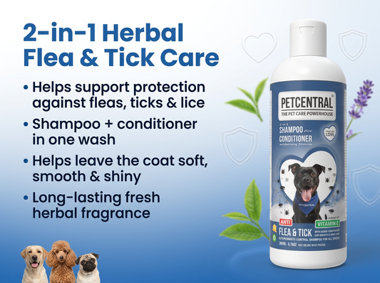 PETCENTRAL Natural Anti Flea & Tick 2-in-1 Pet Shampoo + Conditioner | Herbal Flea Tick Lice Control | Neem, Citronella, Eucalyptus & Aloe Vera | For Dogs & Cats