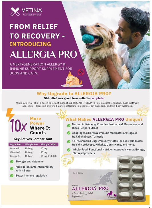 Vetina Allergia Pro Allergy Relief Tablet for Dogs & Cats | Quercetin, Omega-3, Vitamins A C E | 30 Tablets