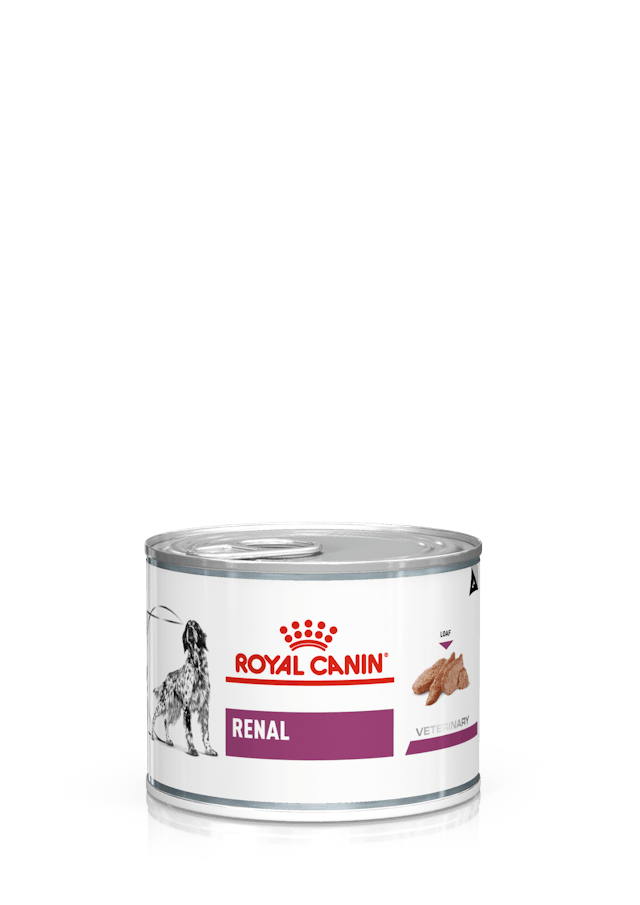 Royal Canin Renal Can wet dog food for adult dogs, renal support diet with low phosphorus and moderate protein.
