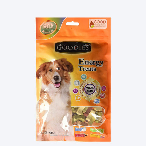 Goodies Energy Treat dog chew snacks in 500 gm orange packaging with a dog image and health benefits displayed