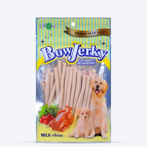 Bow Jerky Milk Sticks premium dog treats 200 gm pack with chicken and milk flavor