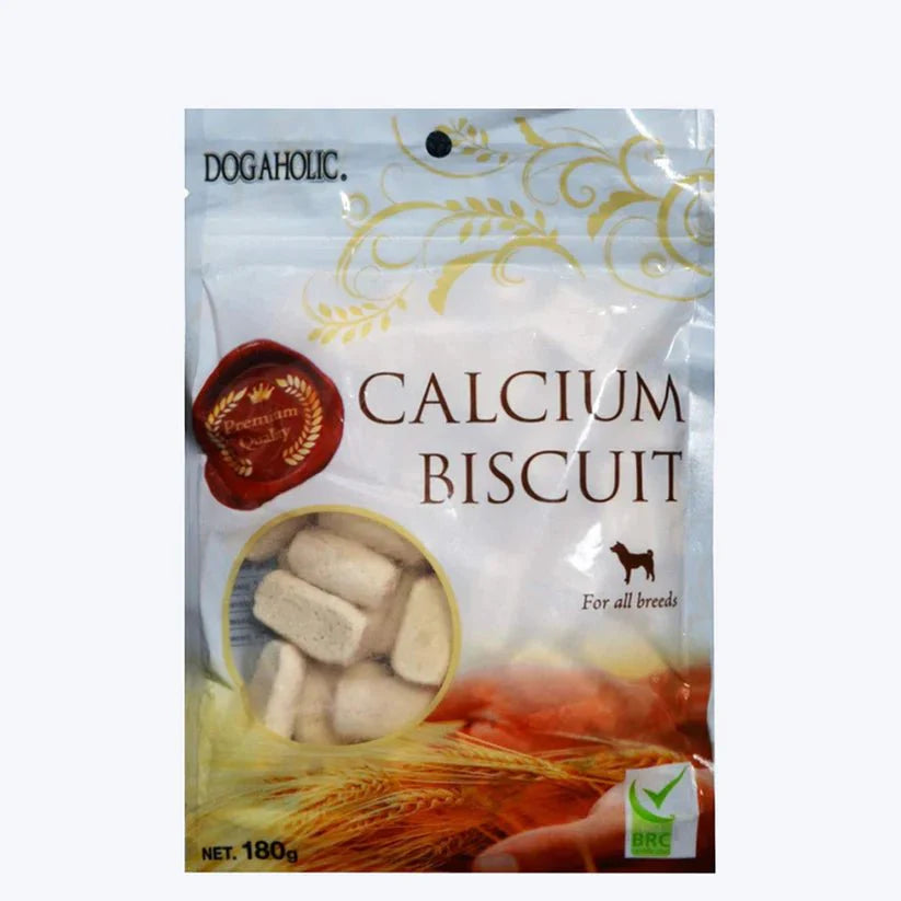 Dogaholic Calcium Biscuit 180g pack for all dog breeds with calcium and vitamins
