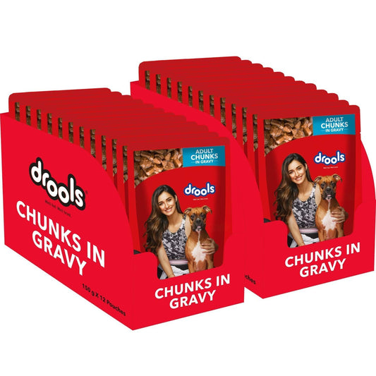 Drools Adult Wet Dog Food, Real Chicken and Chicken Liver Chunks in Gravy, 24 Pouches (24 x 150g) - Pet Central