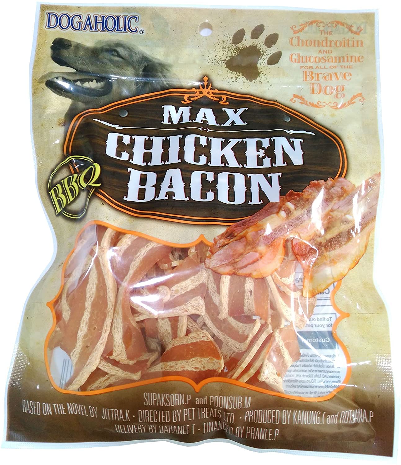 Max Noodles Chicken Bacon Strips smoky BBQ dog treats with real meat, 130 gm pack