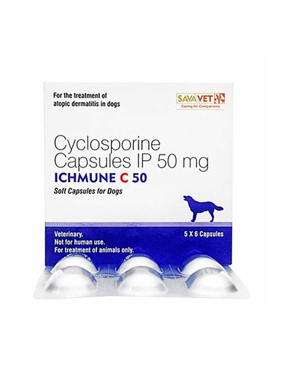 Sava ICHMUNE C 50 soft gel capsules for treating atopic dermatitis in dogs, containing 50 mg cyclosporine.