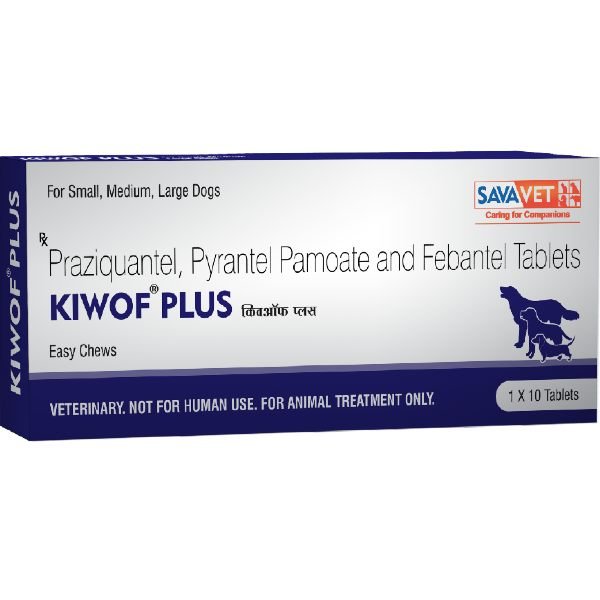 Sava KIWOF PLUS DOG deworming tablets for small to large dogs, contains Praziquantel, Pyrantel Pamoate, and Febantel, 10 tablets per pack