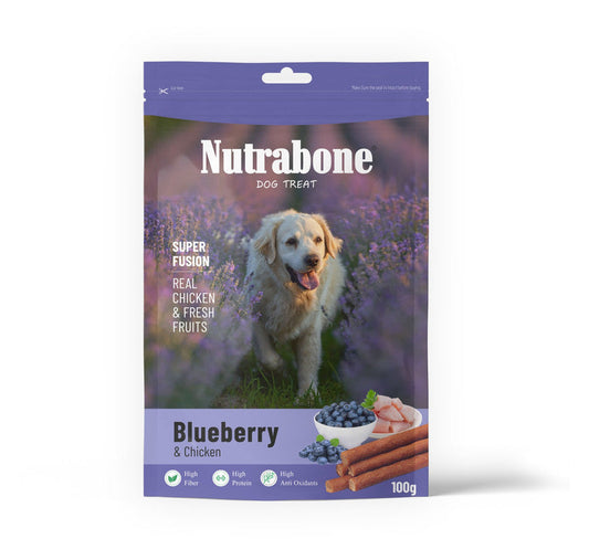 Nutrabone Blueberries & Chicken Dog Treat 100g pack with real chicken and fresh blueberries for dogs