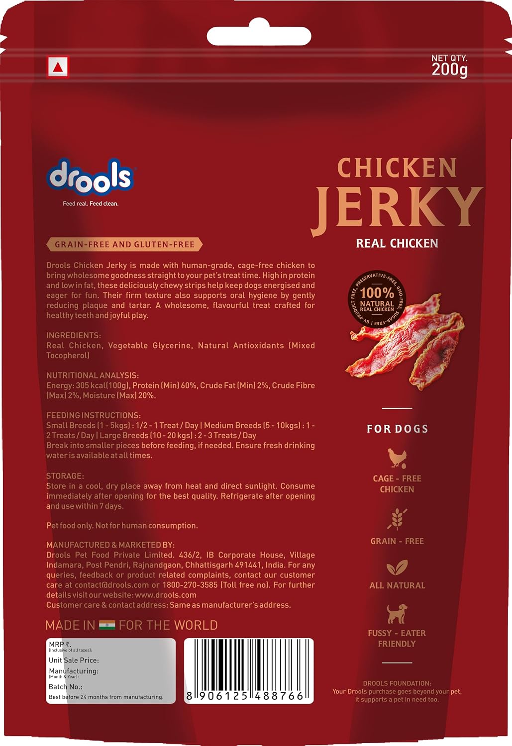 Drools Adult Dog Treat Chicken Jerky, Real Chicken Flavour, Grain Free & Gluten Free