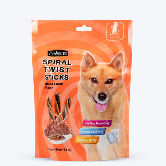 Goodies Spiral Twist Sticks BBQ and Lamb flavor dog treats for dental health and shiny coat, 450g packaging with dog image