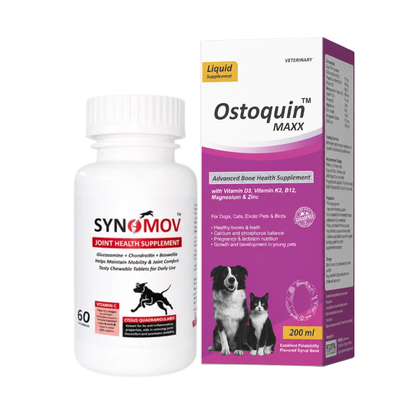 Pet Central Joint & Bone Mobility Combo for Dogs & Cats | Synomov Joint Health 60 Chewable Tablets + Ostoquin Maxx Bone Health Supplement 200 ml
