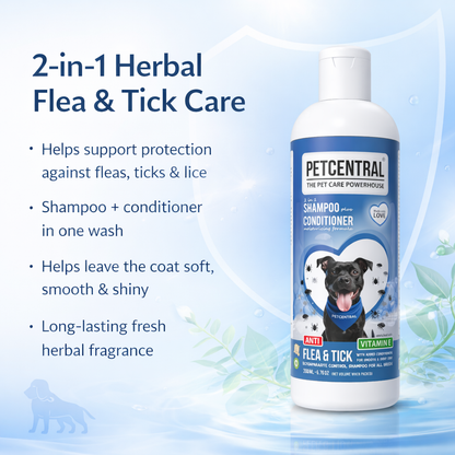 PETCENTRAL Natural Anti Flea & Tick 2-in-1 Pet Shampoo + Conditioner | Herbal Flea Tick Lice Control | Neem, Citronella, Eucalyptus & Aloe Vera | For Dogs & Cats