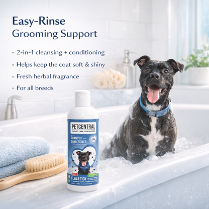 PETCENTRAL Natural Anti Flea & Tick 2-in-1 Pet Shampoo + Conditioner | Herbal Flea Tick Lice Control | Neem, Citronella, Eucalyptus & Aloe Vera | For Dogs & Cats