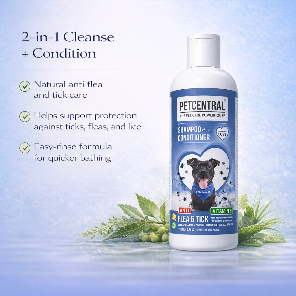 PETCENTRAL Natural Anti Flea & Tick 2-in-1 Pet Shampoo + Conditioner | Herbal Flea Tick Lice Control | Neem, Citronella, Eucalyptus & Aloe Vera | For Dogs & Cats