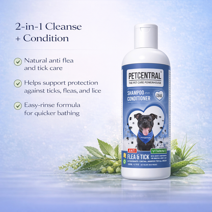 PETCENTRAL Natural Anti Flea & Tick 2-in-1 Pet Shampoo + Conditioner | Herbal Flea Tick Lice Control | Neem, Citronella, Eucalyptus & Aloe Vera | For Dogs & Cats