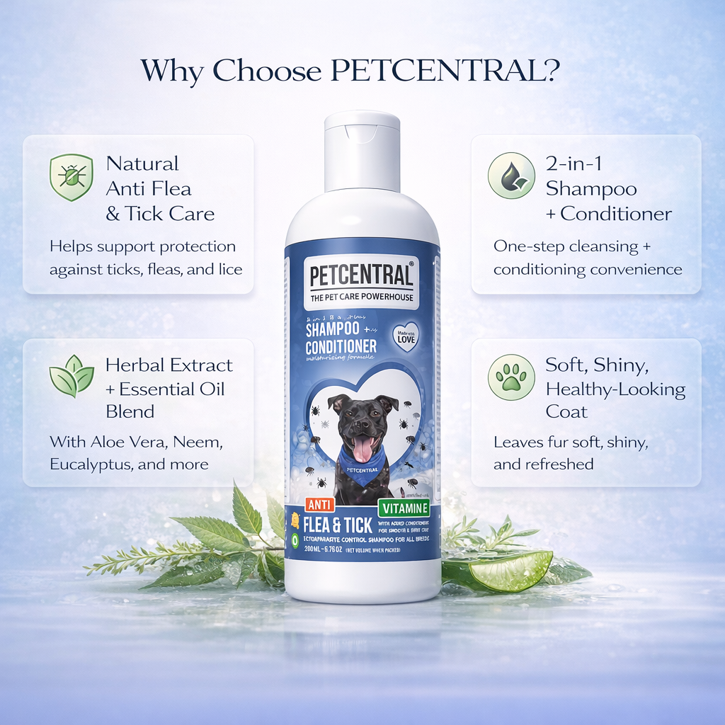 PETCENTRAL Natural Anti Flea & Tick 2-in-1 Pet Shampoo + Conditioner | Herbal Flea Tick Lice Control | Neem, Citronella, Eucalyptus & Aloe Vera | For Dogs & Cats