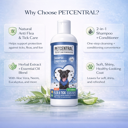 PETCENTRAL Natural Anti Flea & Tick 2-in-1 Pet Shampoo + Conditioner | Herbal Flea Tick Lice Control | Neem, Citronella, Eucalyptus & Aloe Vera | For Dogs & Cats