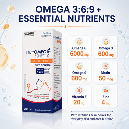 NutrOMEGA SHED-X Omega 3-6-9 Liquid Supplement for Dogs & Cats | Reduces Shedding, Supports Skin & Coat Health | Biotin, Vitamins A, D3, E, Zinc & Selenium | 200 ml