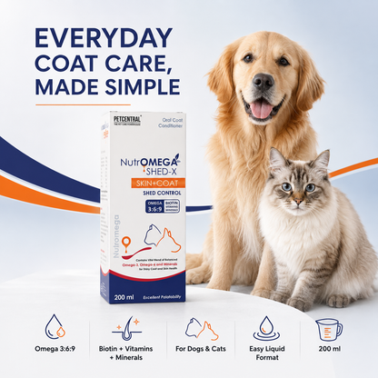 NutrOMEGA SHED-X Omega 3-6-9 Liquid Supplement for Dogs & Cats | Reduces Shedding, Supports Skin & Coat Health | Biotin, Vitamins A, D3, E, Zinc & Selenium | 200 ml