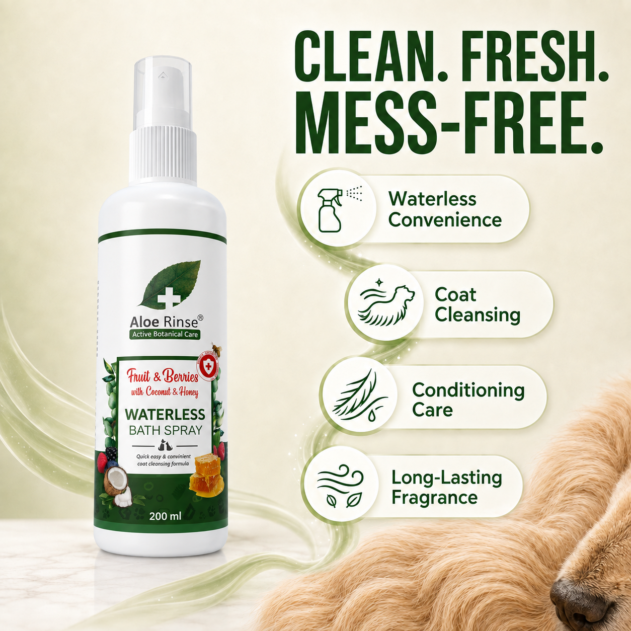 Aloe Rinse Fruit & Berries Waterless Bath Spray for Dogs & Cats | No-Rinse Dry Shampoo | Coconut, Honey & Aloe Vera | 200 ml