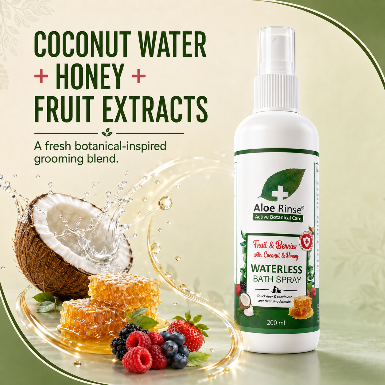 Aloe Rinse Fruit & Berries Waterless Bath Spray for Dogs & Cats | No-Rinse Dry Shampoo | Coconut, Honey & Aloe Vera | 200 ml