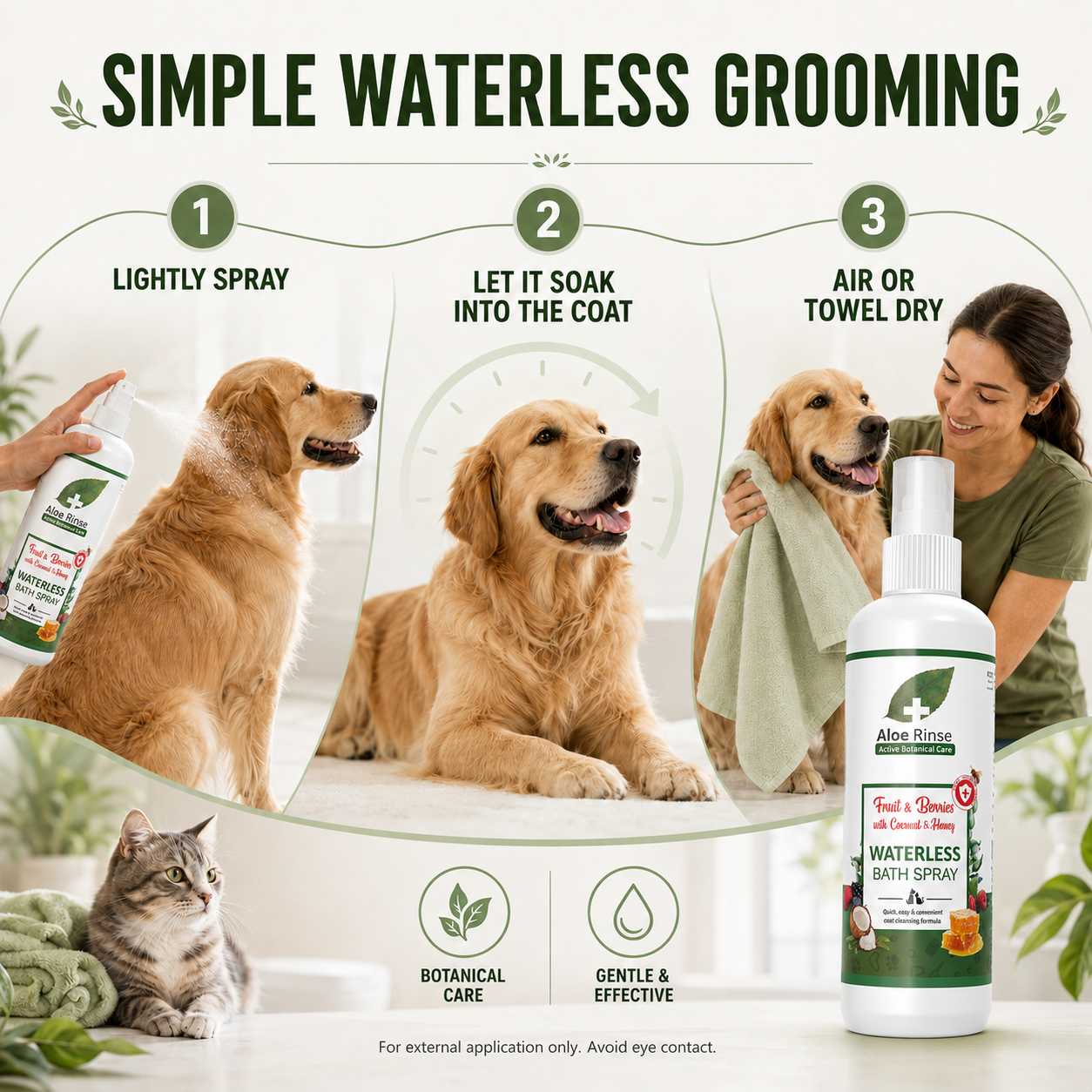 Aloe Rinse Fruit & Berries Waterless Bath Spray for Dogs & Cats | No-Rinse Dry Shampoo | Coconut, Honey & Aloe Vera | 200 ml