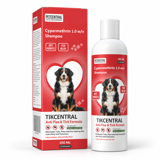 TICKCENTRAL Anti Flea & Tick Shampoo for Dogs | Cypermethrin 1% | With Neem (Nimba) & Aloe Vera | Veterinary Anti-Parasite Shampoo | 200ml / 500ml