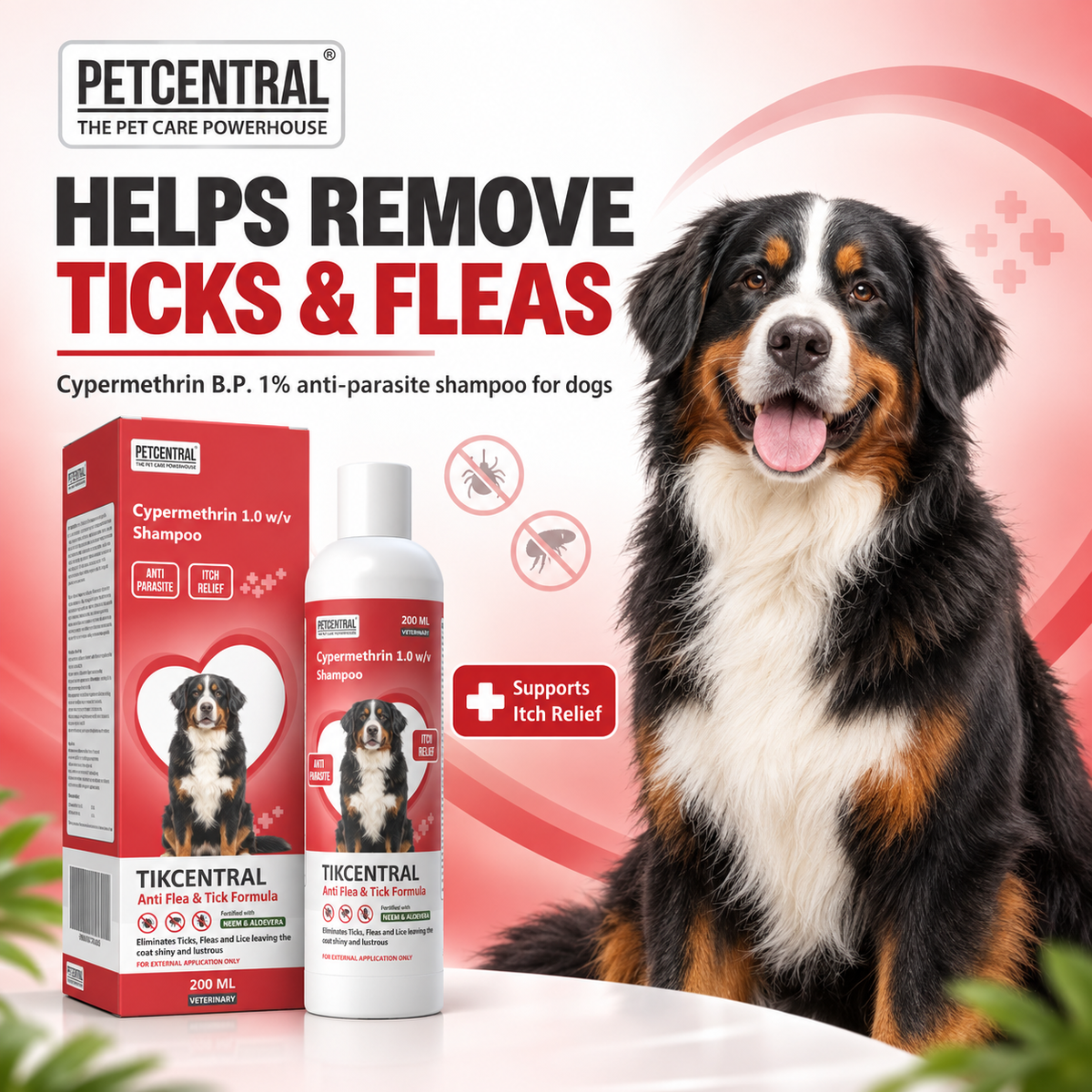 TICKCENTRAL Anti Flea & Tick Shampoo for Dogs | Cypermethrin 1% | With Neem (Nimba) & Aloe Vera | Veterinary Anti-Parasite Shampoo | 200ml / 500ml