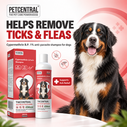 TICKCENTRAL Anti Flea & Tick Shampoo for Dogs | Cypermethrin 1% | With Neem (Nimba) & Aloe Vera | Veterinary Anti-Parasite Shampoo | 200ml / 500ml