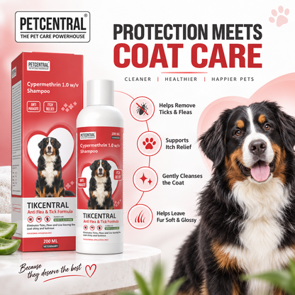 TICKCENTRAL Anti Flea & Tick Shampoo for Dogs | Cypermethrin 1% | With Neem (Nimba) & Aloe Vera | Veterinary Anti-Parasite Shampoo | 200ml / 500ml