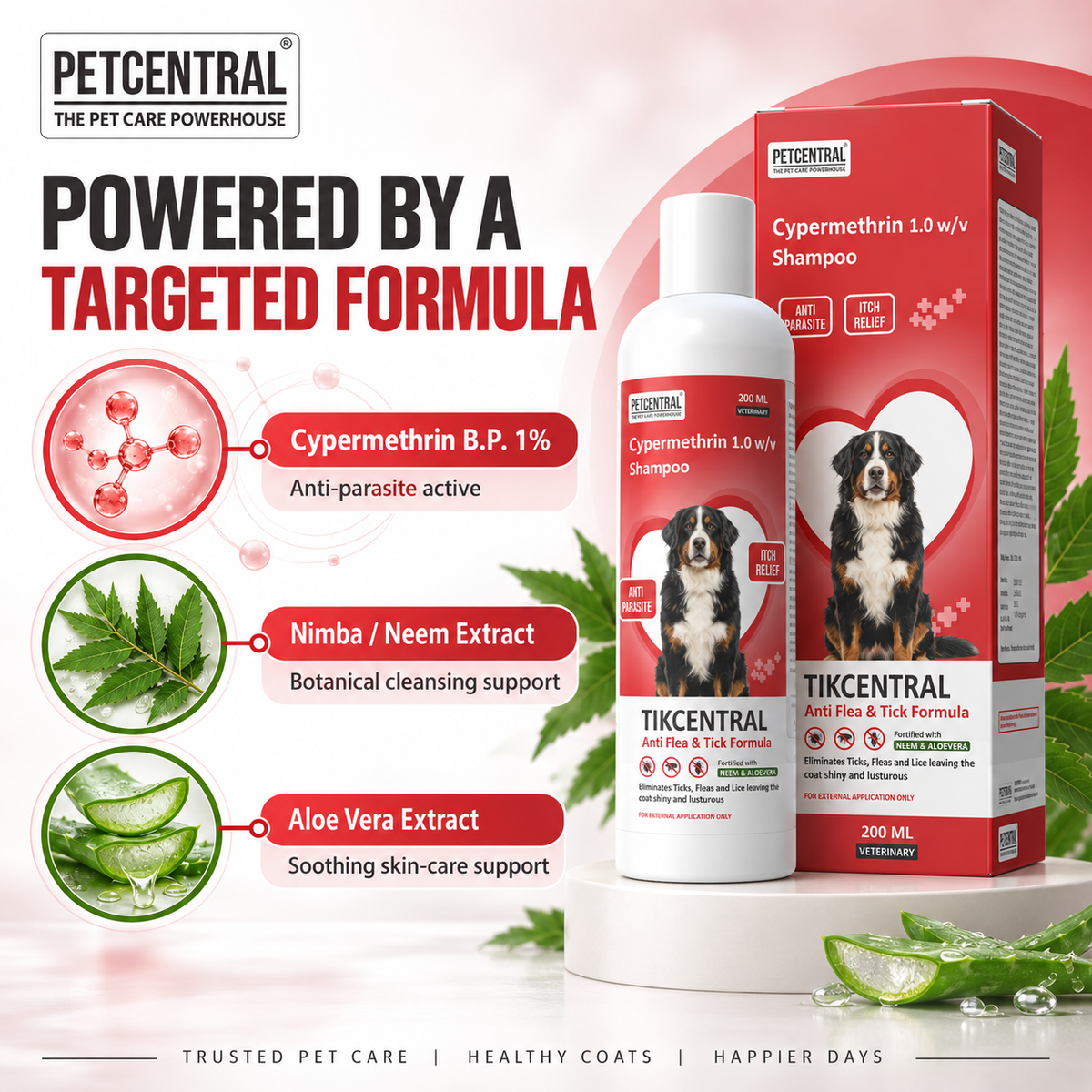 TICKCENTRAL Anti Flea & Tick Shampoo for Dogs | Cypermethrin 1% | With Neem (Nimba) & Aloe Vera | Veterinary Anti-Parasite Shampoo | 200ml / 500ml
