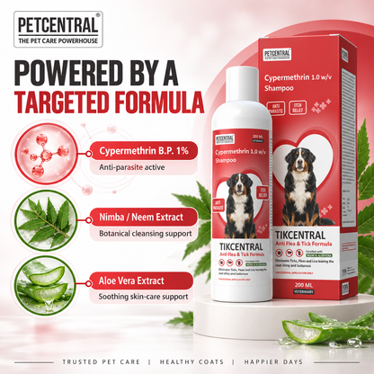 TICKCENTRAL Anti Flea & Tick Shampoo for Dogs | Cypermethrin 1% | With Neem (Nimba) & Aloe Vera | Veterinary Anti-Parasite Shampoo | 200ml / 500ml