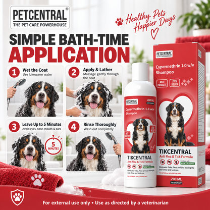 TICKCENTRAL Anti Flea & Tick Shampoo for Dogs | Cypermethrin 1% | With Neem (Nimba) & Aloe Vera | Veterinary Anti-Parasite Shampoo | 200ml / 500ml