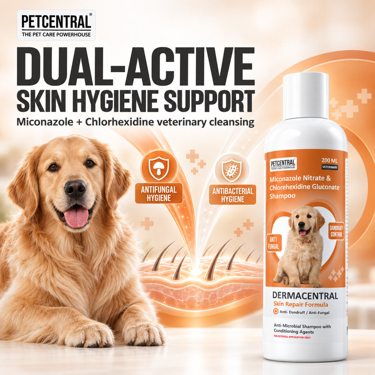 DERMACENTRAL Miconazole Nitrate & Chlorhexidine Gluconate Antifungal Dog Shampoo – Anti-Dandruff, Antibacterial, Skin Repair Formula